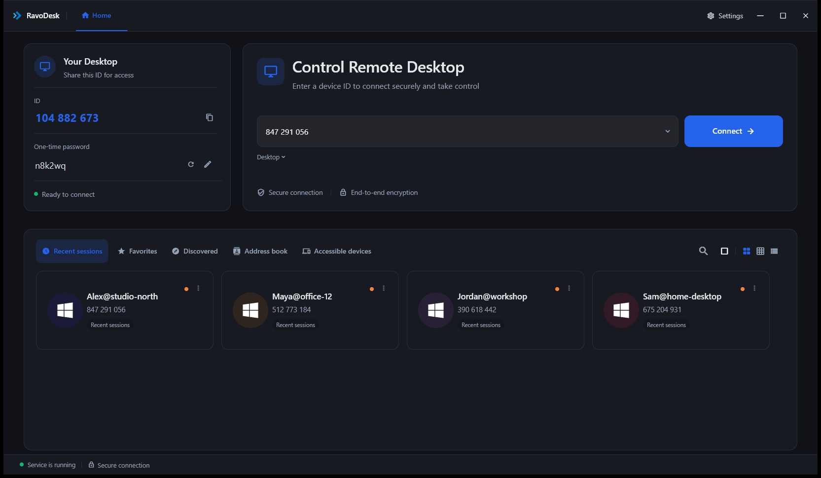 RavoDesk Home — share an ID and connect to a remote desktop